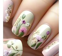 Short Floral Press On Nails Set - 3D Embossed Botanical False Nails with Glue, Natural Glossy Look, Full Cover Tips in Cream Blush Pink Pale Green, Easy Apply Reusable Premium ABS Includes Jelly