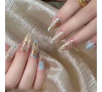 Short French Blue Waiting Artificial Nail Almond Shape Ab Material Artistic Design Tools Not Required abs Fake Nails