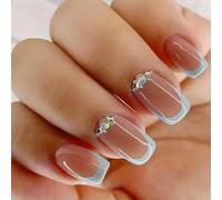 Short French Stick-On Nails, Nude Pink And Pale Blue, Rounded Square Tips | Glossy Finish, Silver-Tone And Iridescent Embellishments, Plain And Decorated Designs, For Home Manicures And Social Events
