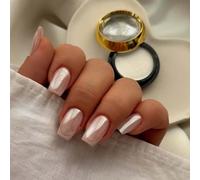 Short French Tip False Nails - Pearl Chrome Pink Press on Nails - 24pcs Square Nail Tips Stick on Nails - Acrylic Nails Aurora Light Pink False Nails with Glue Full Cover