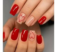 Short French Tip False Nails Press On, Red Press On Nails, Square Short Fake Nails, Stick On Nails for Women Nail Art for Valentine's Day Dates 24Pcs