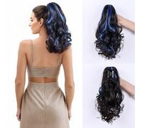 Short Full Thick Curly Wavy Ponytail Hair Extension 15inch Claw Clip in High Pony Tail Synthetic Fake Ponytail Hairpiece (Black Highlights Blue)