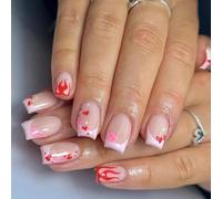 Short Glossy Press on Nails Cute Flame Love French Pink Lips Design Valentine's Day False Nails with Glue on Nails Medium Square Artificial Nails Reusable Stick on Nail for Women Heart Manicure 24Pcs