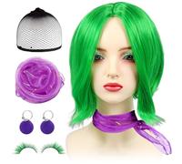 Short Green Wig, Green Wigs with Green False Eyelashes, Purple Scarf and Earrings, Women's Green Wig Short, Disgust Anime Cosplay Wigs for Halloween Costume Carnival Theme Party