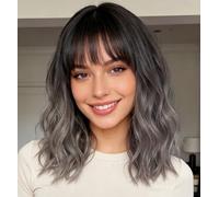 Short Grey Wig with Bangs 14 Inch Ombre Grey Mixed Brown Curly Bob Wig for Women Shoulder Length Natural Looking Hair Replacement Wig for Daily Use Cosplay Costume