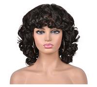 Short Hair Afro Curly Wig With Bangs Loose Synthetic Cosplay Fluffy Shoulder Length Natural Wigs compatible with dark Women Dark Brown 14"(2_14INCHES)