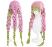 Short Hair Cosplay Wig 3 Braids Pink and Green Mixed Natural Synthetic Hair with Fringe and Wig Cap for Women Halloween Cosplay