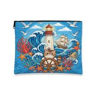 Short-haired Cats Makeup Bag, Nautical Lighthouse Ships Cosmetic Travel Pouch for Women, Portable Small Canvas Zipper Organizer, Pet Toiletry Bag 7x9 Inch