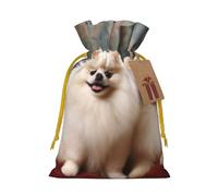 Short-haired pomeranian dog Christmas Drawstring Gift Bags with Tags, Xmas Gift Bags with Yellow Christmas Ribbon, Reusable Gift Wrapping Bag Fabric Goody Gift Sacks for Party Presents Decorations