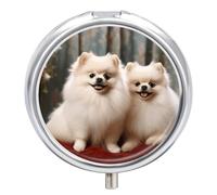 Short-haired Pomeranian Dog Pill Case with 3 Compartments - Portable Travel Pill Organizer for Purse, Easy-Open Button Design, Small Round Pillbox Vitamin Holder Organizer for Women Men