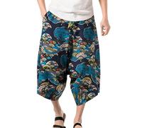 Short Harem Trousers Men's Cotton Aladdin Trousers Men's Shorts Hippie Short Summer Trousers Men's Short Goa Trousers Men Plus Size Fashion Shorts Chinese Style Shorts Harlan Low Rise Shorts, Blue-A,