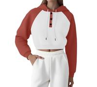 Short Hoodie Women's Sweatshirts Oversized Solid Colour Sweat Jacket Autumn Winter Coat Button Down Pullover Women Casual Hooded Jacket Crew Neck Loose Casual Top, brick red, L