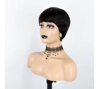 Short Human Hair Wig 6 Inch Short Pixie Short Wig Fully Machine Made Heat resistant Glueless Wig With Bangs Suitable for women's daily wear.(Black)