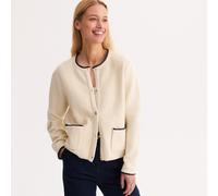Short Iridescent Buttoned Cardigan in Fine Knit Ecru/Navy