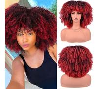 Short Kinky Curly Wig with Bangs Fluffy Synthetic Hair with Soft Bouncy Curls Heat Resistant Glueless Natural 150% Density Non Lace Front for Daily Use 12 Inch(Color:Color 8)