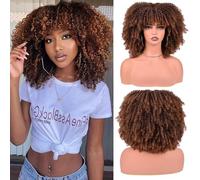 Short Kinky Curly Wig with Bangs Fluffy Synthetic Hair with Soft Bouncy Curls Heat Resistant Glueless Natural 150% Density Non Lace Front for Daily Use 12 Inch(Color:Color 10)