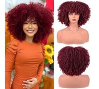 Short Kinky Curly Wig with Bangs Fluffy Synthetic Hair with Soft Bouncy Curls Heat Resistant Glueless Natural 150% Density Non Lace Front for Daily Use 12 Inch(Color:Color 11)