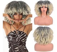 Short Kinky Curly Wig with Bangs Fluffy Synthetic Hair with Soft Bouncy Curls Heat Resistant Glueless Natural 150% Density Non Lace Front for Daily Use 12 Inch(Color:Color 9)