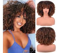 Short Kinky Curly Wig with Bangs Fluffy Synthetic Hair with Soft Bouncy Curls Heat Resistant Glueless Natural 150% Density Non Lace Front for Daily Use 12 Inch(Color:Color 12)