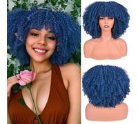 Short Kinky Curly Wig with Bangs Fluffy Synthetic Hair with Soft Bouncy Curls Heat Resistant Glueless Natural 150% Density Non Lace Front for Daily Use 12 Inch(Color:Color 6)