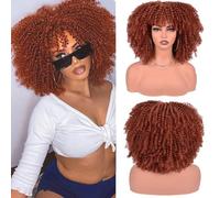 Short Kinky Curly Wig with Bangs Fluffy Synthetic Hair with Soft Bouncy Curls Heat Resistant Glueless Natural 150% Density Non Lace Front for Daily Use 12 Inch(Color:Color 2)