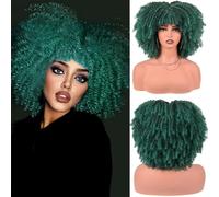 Short Kinky Curly Wig with Bangs Fluffy Synthetic Hair with Soft Bouncy Curls Heat Resistant Glueless Natural 150% Density Non Lace Front for Daily Use 12 Inch(Color:Color 7)