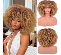 Short Kinky Curly Wig with Bangs Fluffy Synthetic Hair with Soft Bouncy Curls Heat Resistant Glueless Natural 150% Density Non Lace Front for Daily Use 12 Inch(Color:Color 13)