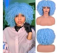Short Kinky Curly Wig with Bangs Fluffy Synthetic Hair with Soft Bouncy Curls Heat Resistant Glueless Natural 150% Density Non Lace Front for Daily Use 12 Inch(Color:Color 4)