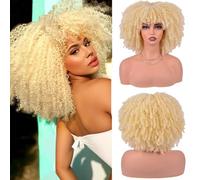 Short Kinky Curly Wig with Bangs Fluffy Synthetic Hair with Soft Bouncy Curls Heat Resistant Glueless Natural 150% Density Non Lace Front for Daily Use 12 Inch(Color:Color 3)