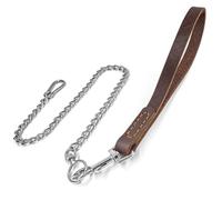 Short Leash with Leather Handle, 304 Stainless Steel Chain, Heavy Duty Dog Lead, Extendable & Coupler (Leather Handle 14" + 304 S/S 24")