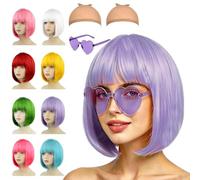 Short Lilac Bob Wigs for Women,4 Pack Womens Purple Wig Set with Sunglass Cap,Coloured Wig Neon Fancy Dress Accessory Cosplay Party Wigs Flat Bangs,Synthetic Straight for Kpop Halloween Decorations