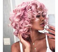 Short Loose Curly Wigs Heat Resistant Fluffy Fiber Curly Afro Synthetic Hair Natural Daily Medium Wig for Black and White Women Breathable Rose Net Pink