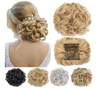 Short Messy Curly Dish Hair Bun Extension Easy Stretch hair Combs Clip in Ponytail Extension Scrunchie Chignon Tray Ponytail Hairpieces Brown Blonde Highlight