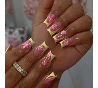 Short nails square press france tips fake nails full cover flower design artificial acrylic design fake