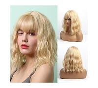 Short Natural Wave Hair Synthetic Wigs With Neat Bangs For Women Pink Beige Brown 3 Colors For Choose(162)