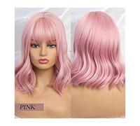 Short Natural Wave Hair Synthetic Wigs With Neat Bangs For Women Pink Beige Brown 3 Colors For Choose(210 1)