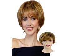 Short Natural Wavy Wig Synthetic Hair Replacement Wig Layered Pixie Cut Wigs with Bangs for Women Lady Daily Party Cosplay Wear (Light Golden)