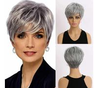 Short Natural Wigs with Bangs Soft Mommy Hair Daily Use Short Grey Ombre Curly Synthetic Hair Costume Party Wig for Women-WIG-332-10inches-1pc