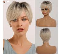 Short Ombre Ash Blonde White Synthetic Wigs With Bangs For Black Woman Cut Platinum Wig Cosplay High-Temperature Fake Hair-SS166-1