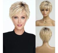 Short Ombre Blonde Human Hair Wigs for Women Afro Wig with Bang Pixie Cut Layered Human Hair Women Wigs-6inches-WIG001-1