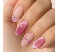 Short Oval Almond Press-On Nails 24PCS Set, Shimmery Metallic Pink False Nails with Rhinestone & Romantic Bow Tip Accents for Women, Soft Glitter Gel Manicure Kit for Everyday Wear and Special