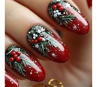 Short Oval Christmas Press On Nails 24PCS Flashy Red Berries Glittering Design Shimmering False Nails ABS For Event Christmas False Nail Glittering