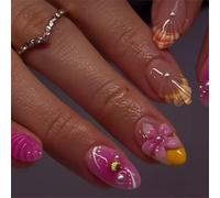 Short Oval Press-On Fake Nails 3D Soild Colorful Blooming Nail Art Decoration French Manciure for Women and Girls 24pcs