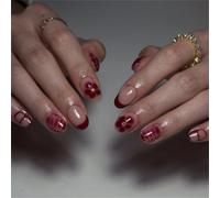 Short Oval Press-On Fake Nails Blooming Flowers Nail Art Decoration Red French Manciure for Women and Girls 24pcs