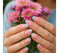 Short Oval Press-On False Nails, Glossy Pink Turquoise Floral, 24-Piece | Jelly Adhesive Tabs Included, Full-Coverage Design, For Colourful Home Manicures And Spring Or Summer Outfit Styling