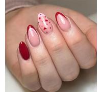 Short Oval Stick on Nails - 24pcs Red Pink Heart Edge French Tip False Nails - Valentine's Day Press on Nails Removable Glue-on Nails Full Cover Fake Nails Women Girls