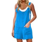 Short Overalls for Women UK Baggy Cotton Linen Rompers Sleeveless Tie Knot Strap Button Down Shortalls Summer Casual Vacation Hawaii Beach Playsuits with Pockets