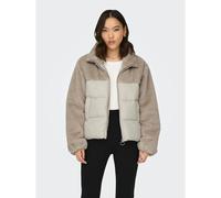 Short Padded Jacket in Teddy Faux Fur with Zip Fastening and High Neck beige