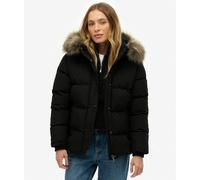 Short Padded Puffa Jacket with Hood in Imitation Fur Black