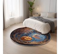 Short Pile Anti Slip Blue Orange Carpet Round Fantasy Forest Halloween,Classic Lightweight Ideal for Living Room, Bedroom, Nursery, Kids Baby Room Rug 160 cm